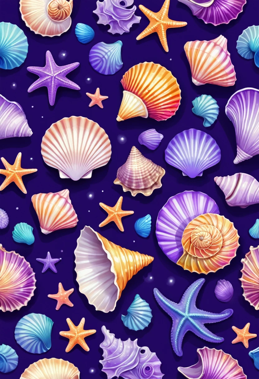 seamless pattern with sea shell and starfishs on a purple background, seashell, Summer color pattern, shell and barnacles, Ocean pattern, shell, conch shell, Seamless pattern design, wearing shell attire, Ultraviolet and neon colors, shell, rich and colorful illustration, shell, rich and colorful patterns, detailed, tropical sea creatures, ( rich and colorful )