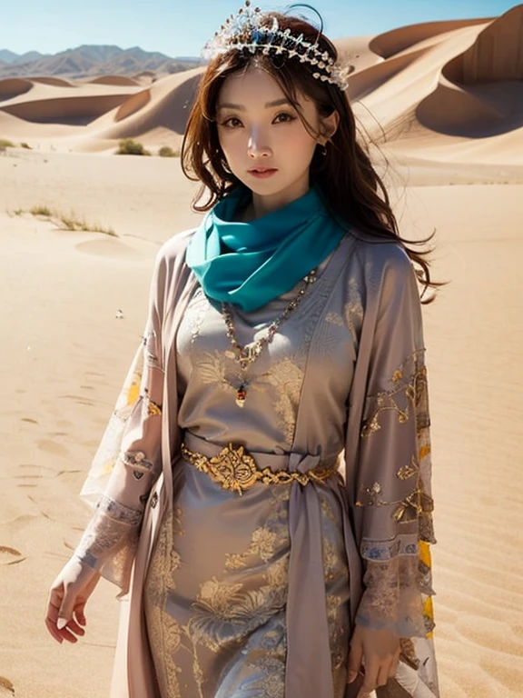 One Girl, Money色のアクセサリー, Veil, gem, Kaftans, Turbaned, Circlet, Elegant robes, sand color, oasis, Long Hair, Wavy Hair, Light of the sun, Camel, Sand Dunes, Wind, mysterious, Desert flower, Coin Belt, fabric, embroidery, metallic, scarf, Turquoise, jewelry, Money, Queen, city壁, city
, (Cowboy Shot)