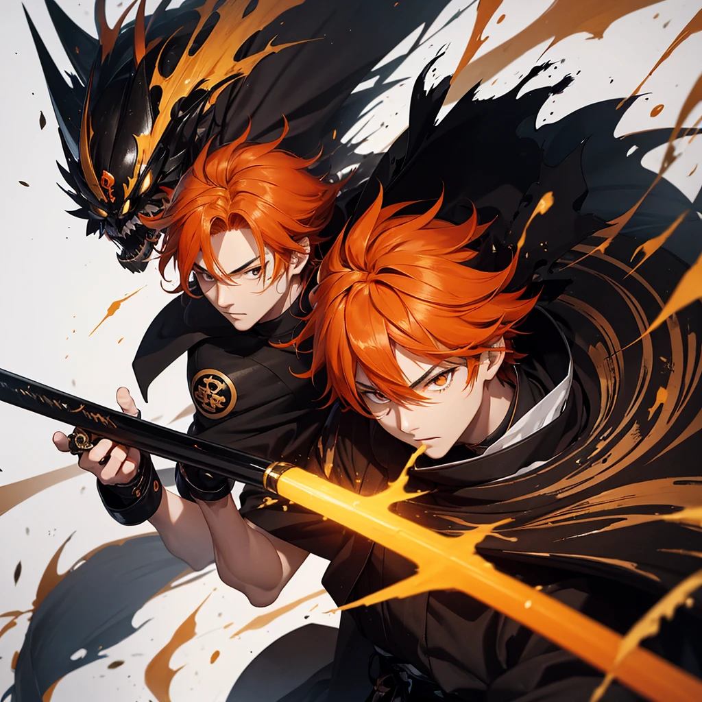 Teenager. Male. Orange hair. Black irises. Round face. Black samurai robe with gold linings. Giant paint brush as weapon.