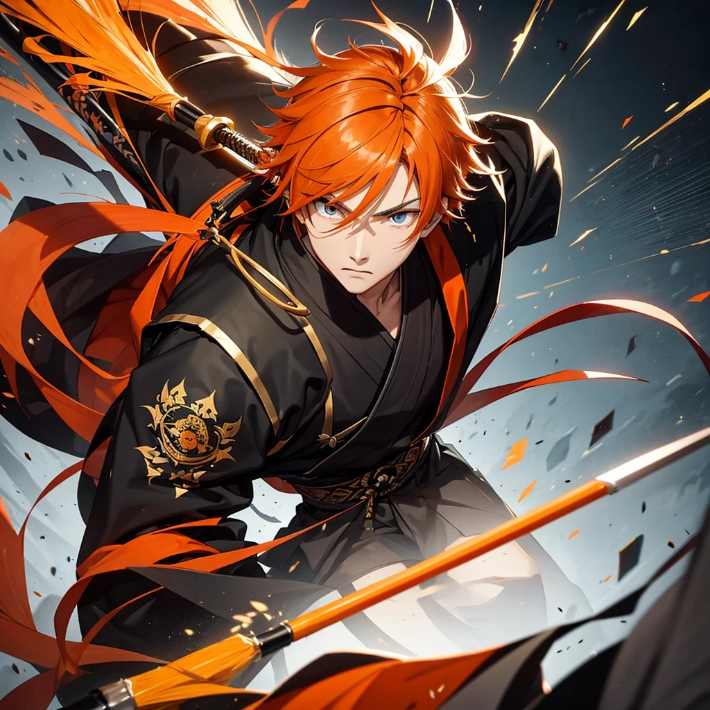Teenager. Male. Orange hair. Black irises. Round face. Black samurai robe with gold linings. Giant paint brush as weapon.