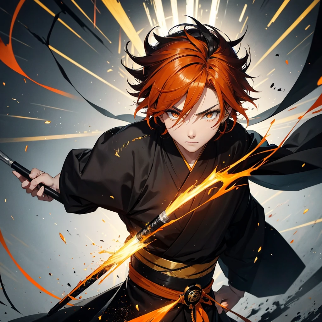 Teenager. Male. Orange hair. Black irises. Round face. Black samurai robe with gold linings. Giant paint brush as weapon.