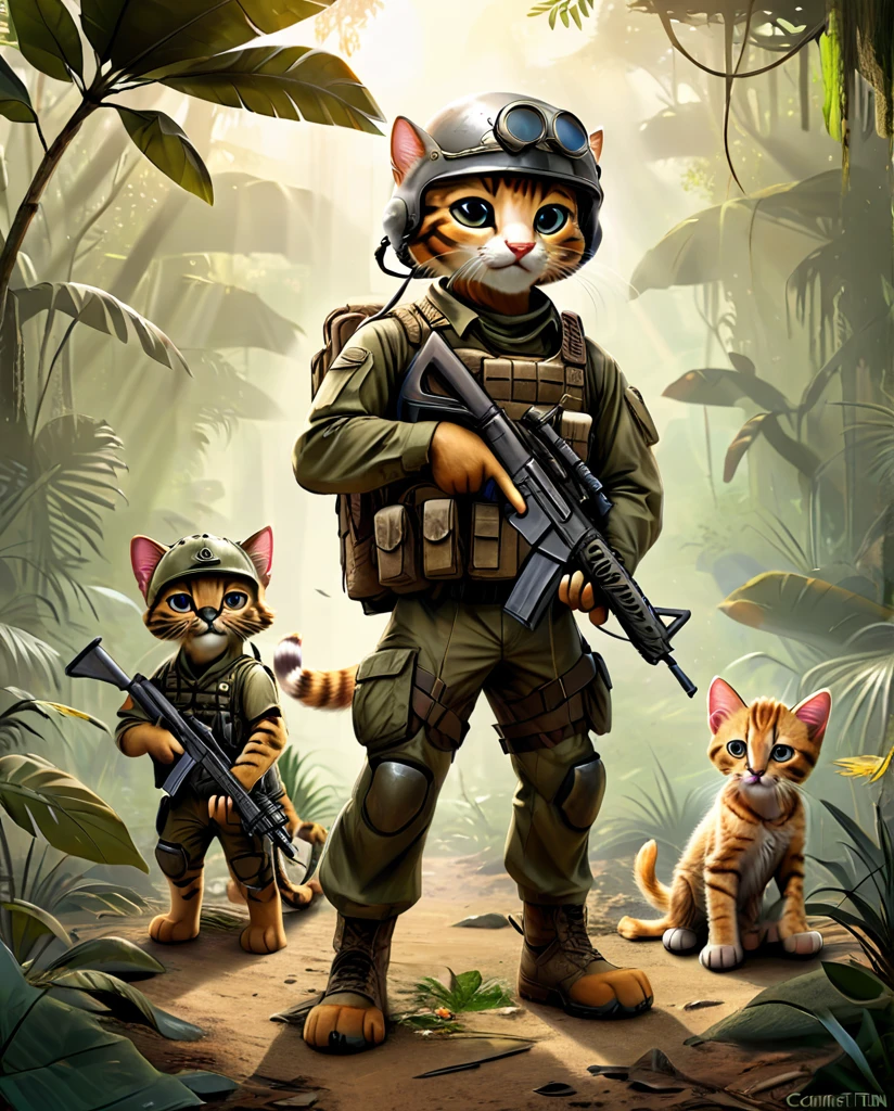 high quality Combat training kitten(Personification) He has a rifle. wearing a helmet Together with friends Different kinds of kittens In the jungle