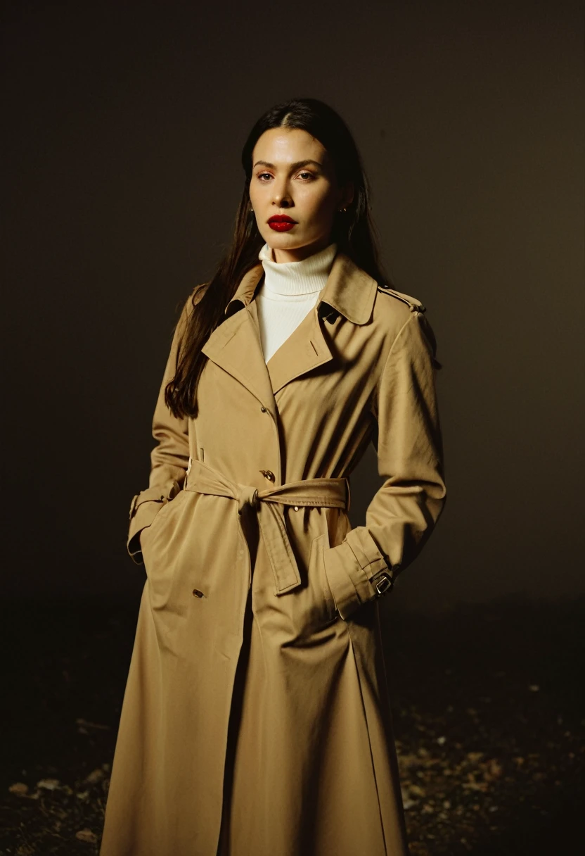 color digital photograph of María Jiménez a beautiful evil slavic woman dressed in closed clothes, pale skin, long wavy dark golden hair, (a beige trench coat), (a black turtleneck sweater), (khaki trousers), (brown ankle boots), (pearl earrings), (red lipstick), (sleek ponytail) and Stiletto heel shot on Kodak PIXPRO AZ401 16MP Digital Camera by Helen Levitt, 26 years old, (Statuesque, Regal, Majestic), promoting body positivity, tiny breasts, feeling Sociable, in the evening,full body, masterpiece, natural lighting, (outdoor setting:1.2), warm tones, side lighting, natural skin details, 4k, UHD, masterpiece, detailed eyes, detailed face, detailed skin, perfect hands, perfect feets, photo, high skin detail, moles, imperfect skin, ultra realism, RAW photo, subsurface scattering