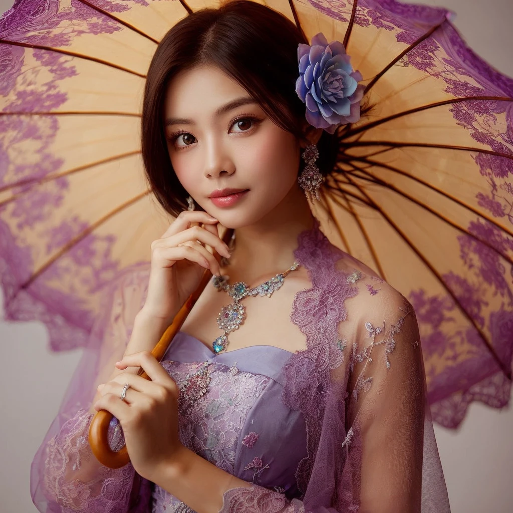 a solo girl model,violet,half smile,umberella