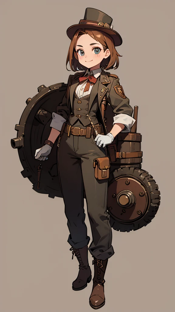 1.steampunk,15 years old,,Goggles on the forehead,A fake smile,gloves,whole body,boots,pants,hat,girl
