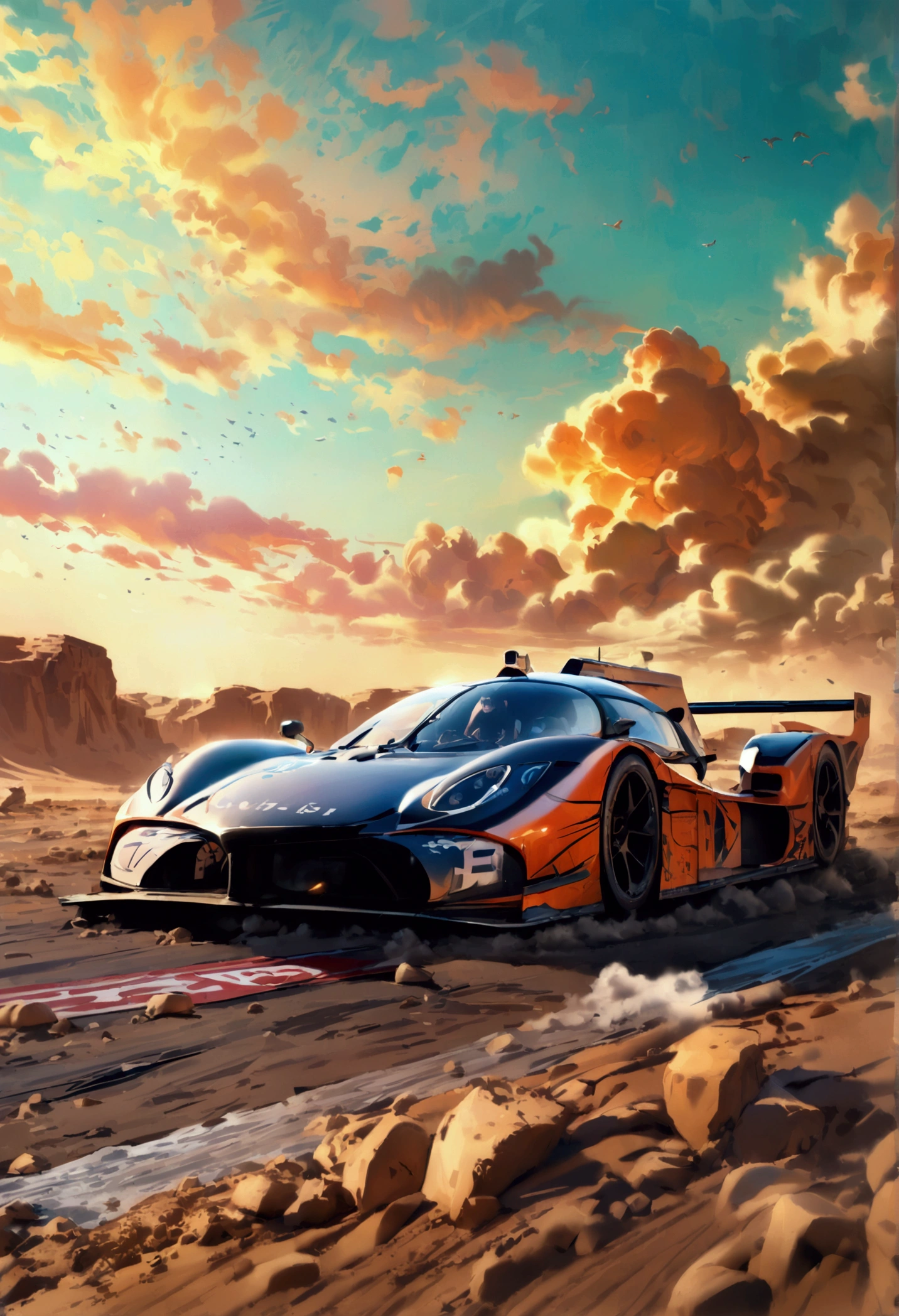 a racing prototype car with desert princess written on the side, a painting of a desert princess, military airfield, highly detailed, photorealistic, 8k, hyper detailed, cinematic lighting, dramatic sky, volumetric fog, epic, intricate details, award winning, masterpiece, studio quality, sharp focus, physically based rendering, extreme detail description, professional, vivid colors, dramatic lighting, atmospheric, gritty, military precision, seamless, stunning visual effects