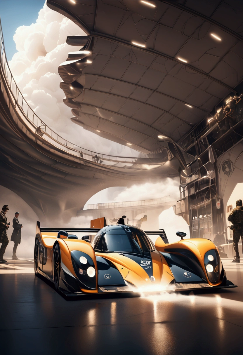 a racing prototype car with desert princess written on the side, a painting of a desert princess, military airfield, highly detailed, photorealistic, 8k, hyper detailed, cinematic lighting, dramatic sky, volumetric fog, epic, intricate details, award winning, masterpiece, studio quality, sharp focus, physically based rendering, extreme detail description, professional, vivid colors, dramatic lighting, atmospheric, gritty, military precision, seamless, stunning visual effects