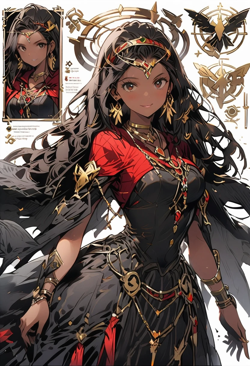Framed Presentation of a mage, woman character design sheet for a video game with detailed accessories, shoes, multiple weapons, and colorful dresses, Ball Gown, high tech, buttons to customize the character to your liking, staffs