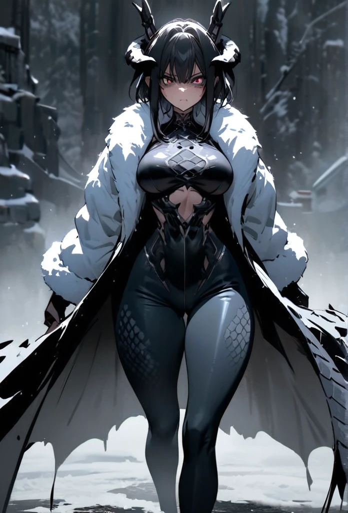 (High resolution, best quality, masterpiece), detailed, ultra detail, 1female, physically fit, curvy, slender body, fierce expression, dark eyes, (detailed eyes), light blue hair, short length hair, full body, ((dragon horns)), ((face: dragon scales)), face covered in scales, ((topwear: fur lined coat, bottomwear: tight jeans)), snow background, part draconic, somber expression, inhuman, reptilian skin