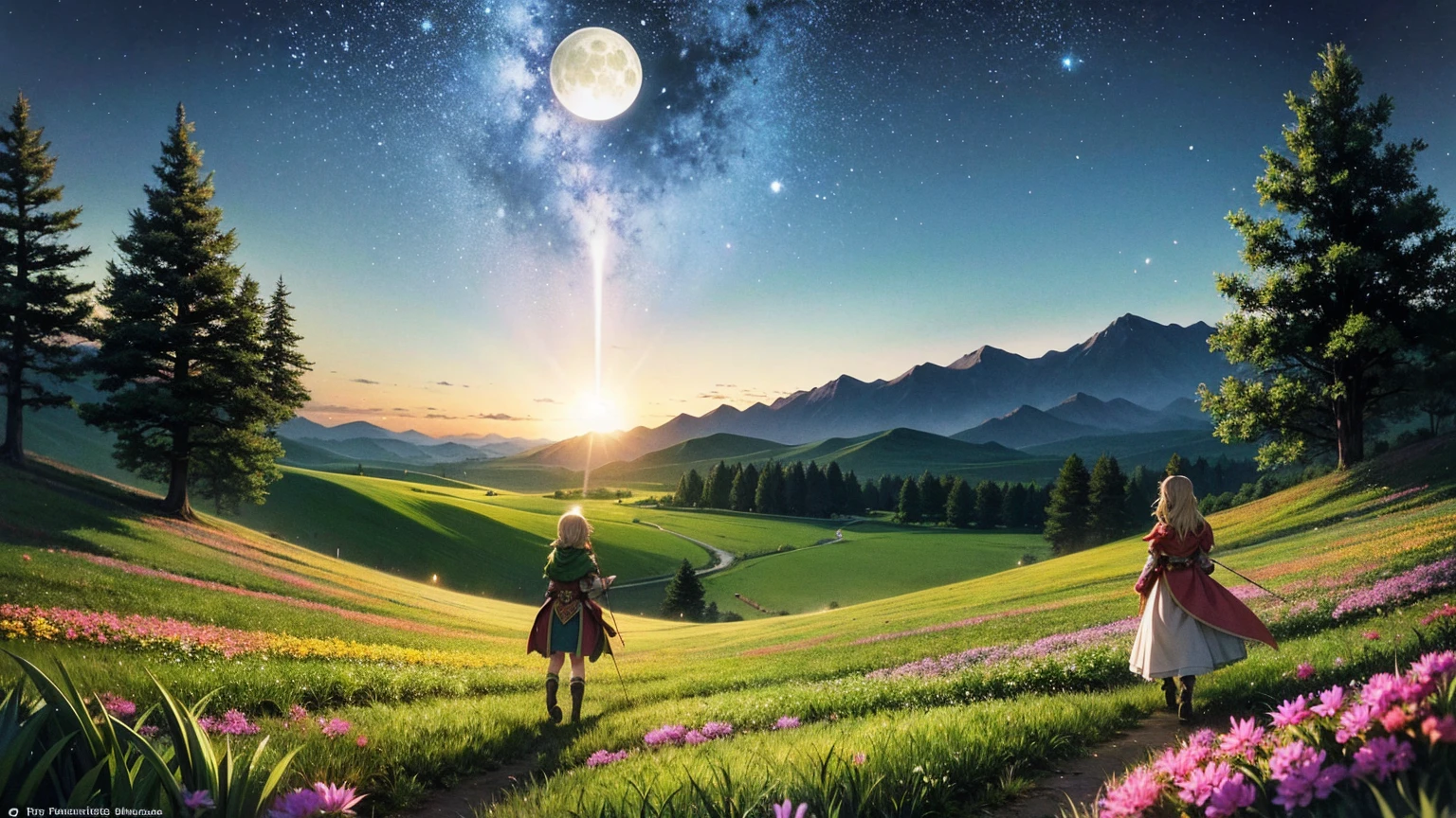 A 16:9 anime-style illustration depicting a female elf adventurer traveling through a fantastical grassland at night. The elf is dressed in elegant, fantasy attire, including a cloak and light armor, and is carrying a bow and quiver of arrows. She is walking along a path illuminated by the moon and stars, creating a magical glow. The grassland is filled with glowing flowers, fireflies, and distant mountains under the night sky. The atmosphere is serene and full of mystery, highlighting the elf's journey through the enchanting landscape.