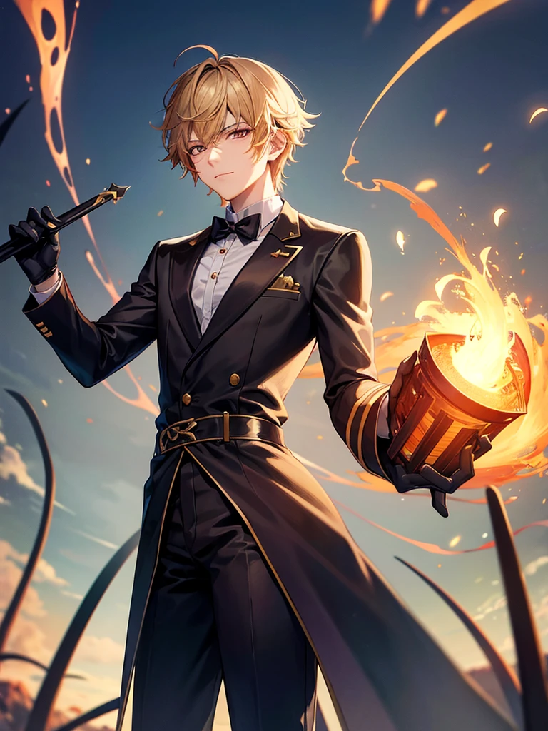 Anime, young guy, daemon, a femboy, holding fire in his hands