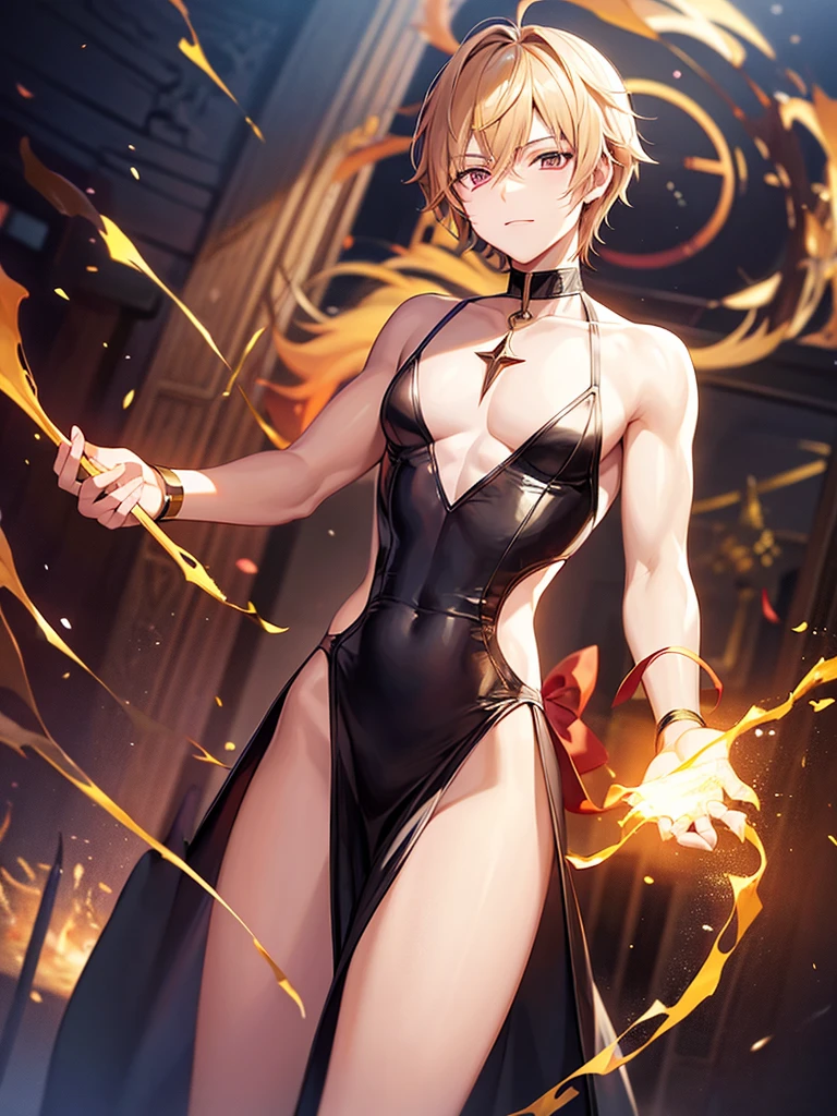 Anime, young guy, daemon, a femboy, holding fire in his hands
