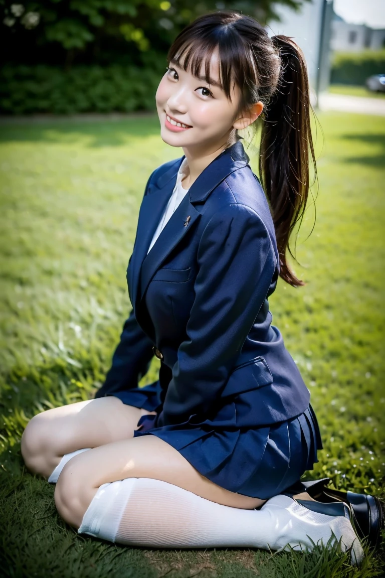 high detail、high quality、8K Photo、Anatomically perfect body、Japanese high school girls、One beautiful girl、smile、In uniform、(Brown blazer、Blue checked pleated skirt、Navy blue knee socks、Brown Loafers、ponytail、Double eyelids、White panties)、(Sitting on the grass、Raise your knees and sit with your buttocks on the ground1.5)、((Between the legs in detail、Thighs、between legs、the hem of the skirt rises、Front angle1.5、Face the photographer、Angle from the ground1.5))
