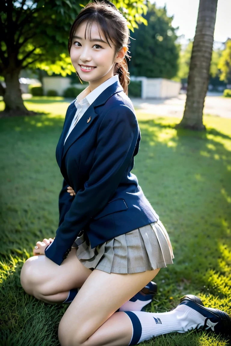 high detail、high quality、8K Photo、Anatomically perfect body、Japanese high school girls、One beautiful girl、smile、In uniform、(Brown blazer、Blue checked pleated skirt、Navy blue knee socks、Brown Loafers、ponytail、Double eyelids、White panties)、(Sitting on the grass、Raise your knees and sit with your buttocks on the ground1.5)、((Between the legs in detail、Thighs、between legs、the hem of the skirt rises、Front angle1.5、Face the photographer、Angle from the ground1.5))