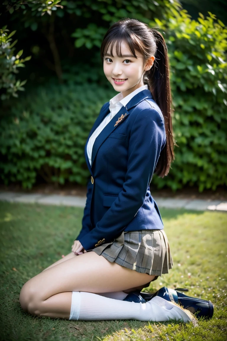 high detail、high quality、8K Photo、Anatomically perfect body、Japanese high school girls、One beautiful girl、smile、In uniform、(Brown blazer、Blue checked pleated skirt、Navy blue knee socks、Brown Loafers、ponytail、Double eyelids、White panties)、(Sitting on the grass、Raise your knees and sit with your buttocks on the ground1.5)、((Between the legs in detail、Thighs、between legs、the hem of the skirt rises、Front angle1.5、Face the photographer、Angle from the ground1.5))