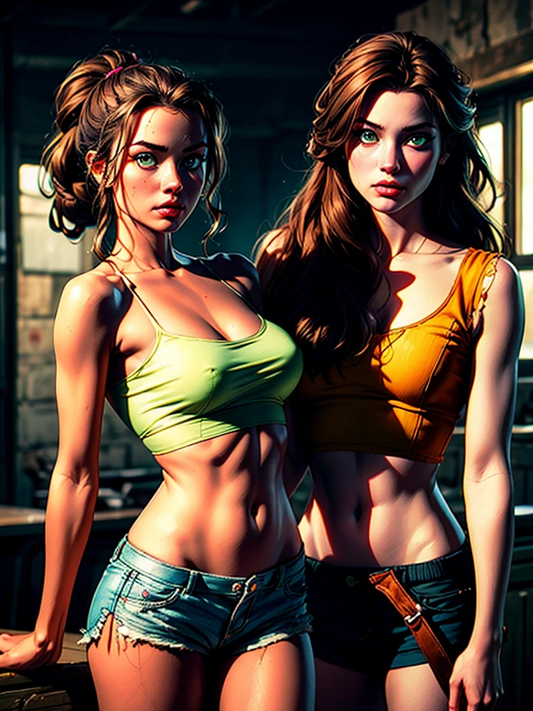 (best quality:1.4),masterpiece,ultra-detailed,delicate features,delicate skin,realism,beautiful lighting,cowboy shot,1girl,brown hair, pony tail,green eyes ,tareme, big , long hair,tanned skin, pink torn top, torn shorts, wasteland, laura croft,  sultry look, seductive,
