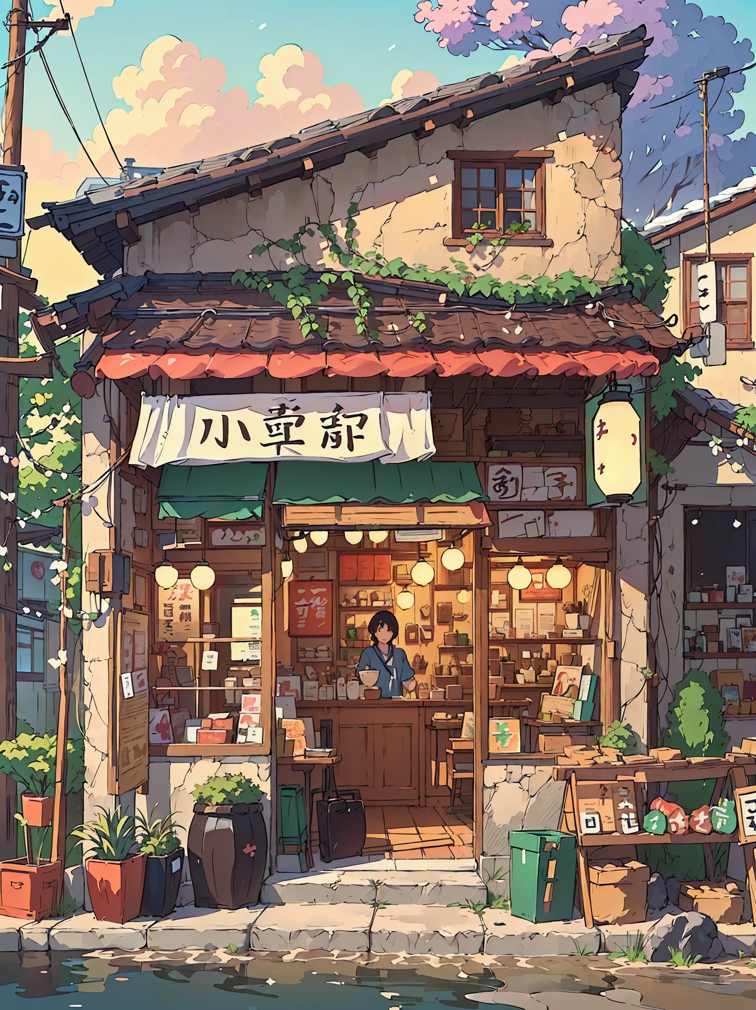 Anime style illustration of a small Japanese restaurant，There is a sign on iays &quot;Live a Wonderful Life&quot;, Anime Background art, High-detail storage, Cozy cafe background, Detailed scenery —width 672, commend artstyle, commend, Anime Background, Makoto Shinkai&#39;s style, in Makoto Shinkai&#39;s style, Convenience store, mysterious coffee shop girl, author：Yang J