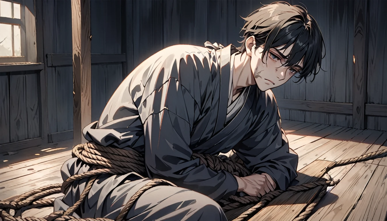 high resolution, An incomparable masterpiece, bad lighting, very dark shadows, depressive expression, Tired appearance, dirty face and too tired, beautiful 25 year old man, He is tied whole body with several ropes to a wooden board in a dark closed place without lighting.