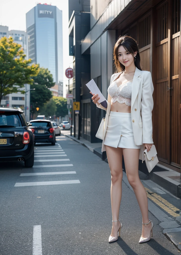 Diffuse lighting、 Highest quality, High resolution, unity 8k wallpaper、Supersaturation, Japanese、1 female、23 years old、urban office district、With documents in hand、Business Bags、sales、Are standing、Walking outside、Walking through the business district、Surrounded by buildings、Tight ass、Suit jacket、Lace bra top under jacket、Mini tight skirt、High heels、Gaze over your shoulder、Mini length、Hot sunshine、smile、The look of temptation、