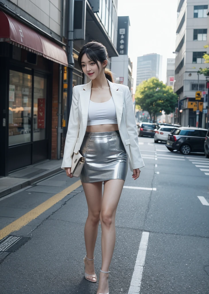 Diffuse lighting、 Highest quality, High resolution, unity 8k wallpaper、Supersaturation, Japanese、1 female、23 years old、urban office district、With documents in hand、Business Bags、sales、Are standing、Walking outside、Walking through the business district、Surrounded by buildings、Tight ass、Suit jacket、Lace bra top under jacket、Mini tight skirt、High heels、Gaze over your shoulder、Mini length、Hot sunshine、smile、The look of temptation、