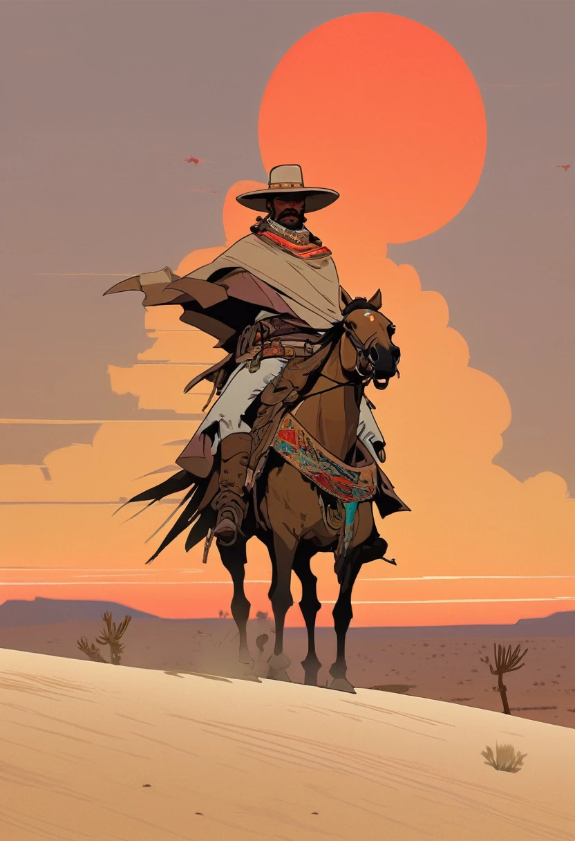 score_9, score_8_up, score_7_up, score_6_up, score_5_up, score_4_up, 1man, Western, Desert, red sun, scorching sun, arid, Horizon, far away, Wild West, red dead Redemption, cartoon art style, Light brown skin, Mexican, poncho, pistol 38, massive mustache, stubble, Sombrero, horse 