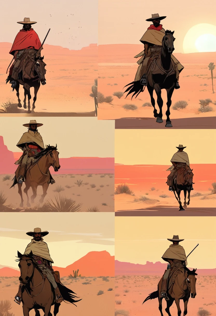 score_9, score_8_up, score_7_up, score_6_up, score_5_up, score_4_up, 1man, Western, Desert, red sun, scorching sun, arid, Horizon, far away, Wild West, red dead Redemption, cartoon art style, Light brown skin, Mexican, poncho, pistol 38, massive mustache, stubble, Sombrero, horse