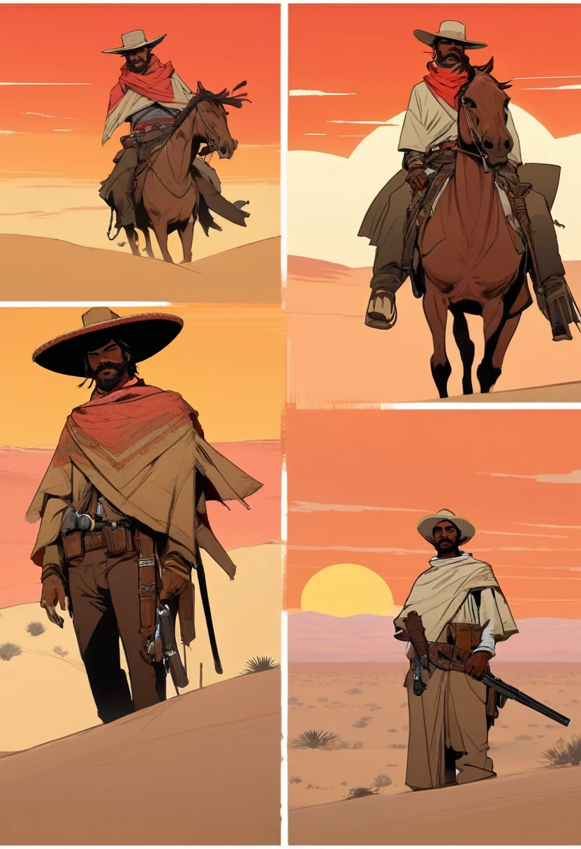score_9, score_8_up, score_7_up, score_6_up, score_5_up, score_4_up, 1man, Western, Desert, red sun, scorching sun, arid, Horizon, far away, Wild West, red dead Redemption, cartoon art style, Light brown skin, Mexican, poncho, pistol 38, massive mustache, stubble, Sombrero, horse