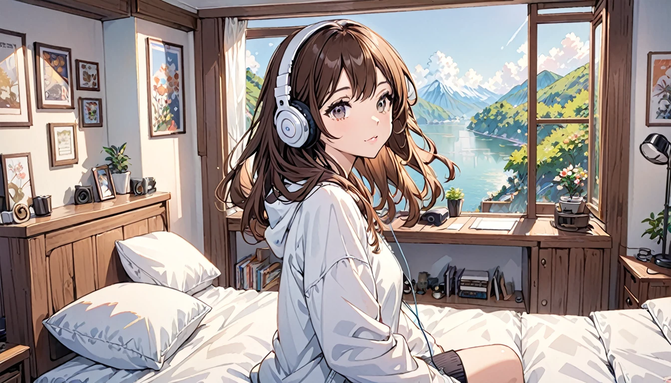 Girl wearing headphones,Brown Hair,1 person,Detailed Background,Bedroom