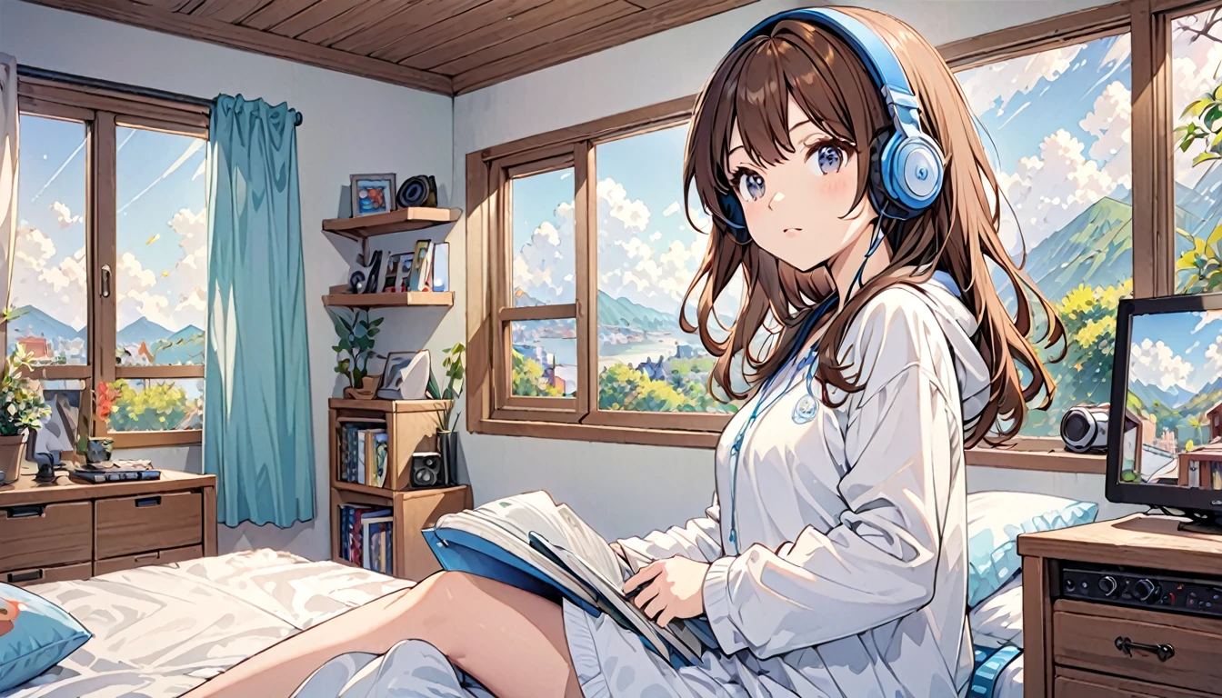  Girl wearing headphones,Brown Hair,1 person,Detailed Background,Bedroom