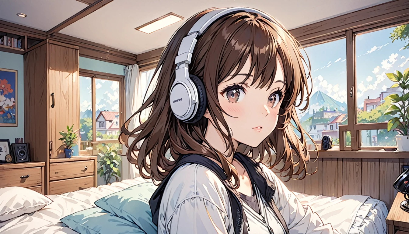  Girl wearing headphones,Brown Hair,1 person,Detailed Background,Bedroom
