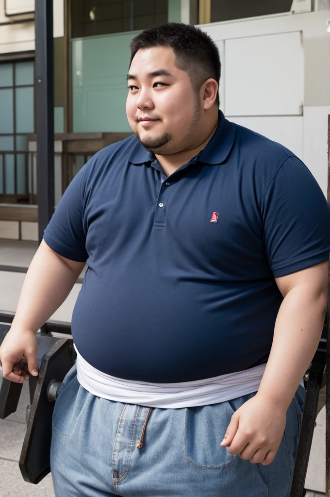 An adult obese man in shorts and a short-sleeved shirt is sitting,A pacifier in his mouth