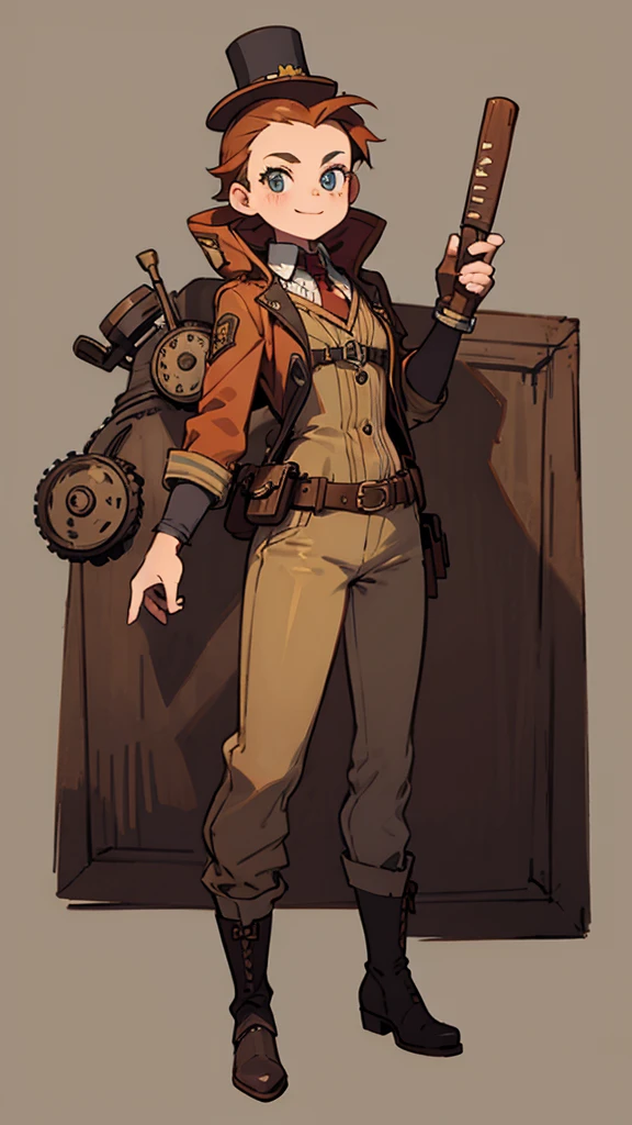 1.steampunk,15 years old,,Goggles on the forehead,A fake smile,gloves,whole body,boots,pants,hat,girl