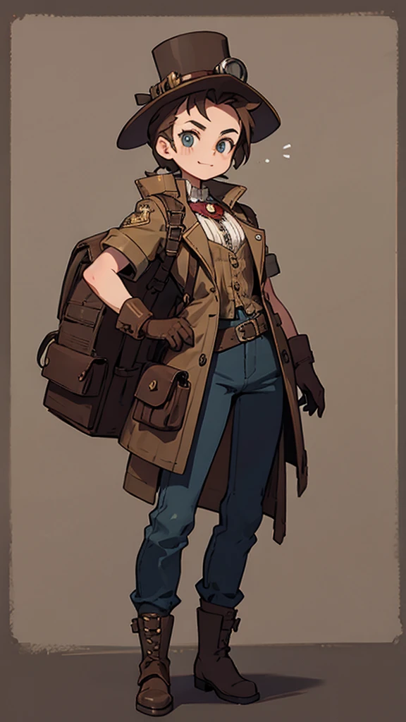 1.steampunk,15 years old,,Goggles on the forehead,A fake smile,gloves,whole body,boots,pants,hat,girl