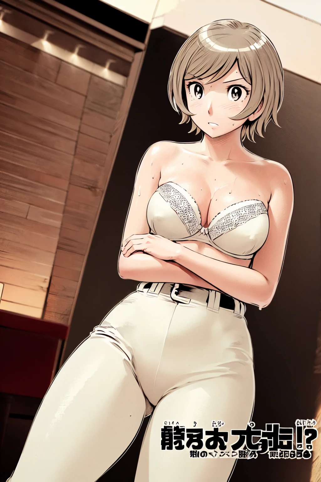 (Baseball uniforms:1.2),
blonde, (short hair:1.2),White trousers、Black belt、((Illustration of people))、Tube top bra、Baseball Cap、
View your viewers,, (Highest quality:1.3), White pants、Outdoor、baseball ground、ground、soil、blue eyeasterpiece、Highest quality)、Highest quality, Ultra-high resolution, (((masterpiece))), alone, Sweat、Big eyes、Large breasts、Torn clothes、 Fully exposed、Nipples、One Girl, Front view、Embarrassed face、Bronze colored hair、((short hair))、Stand up straight、Cowboy Shot