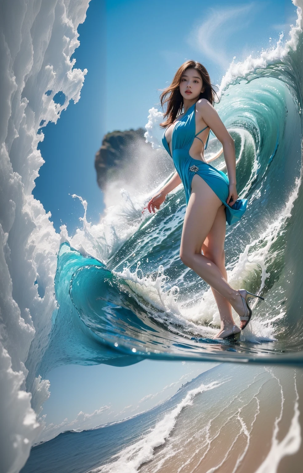 arafed woman in a blue Swimwear riding a wave, Asuka as a surfer model, Jaeyoung Nam, Kim Tae-jun, beautiful south Korean women, Incredible beauty, Choi Hong-hwa, Queen of the Sea Mu Yanling, Goddess of the Sea, Hwang Seong, Korean Girls, Swimwear, gorgeous young Korean women, Korean women