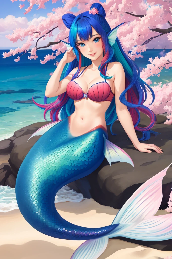 masterpiece, best quality:1.2), 1girl, smile, looking at viewer, blue eyes, multicolored hair, mermaid, multicolored mermaid tail, laying on beach, fin ears, head fins, seashell bra, under cherry blossoms