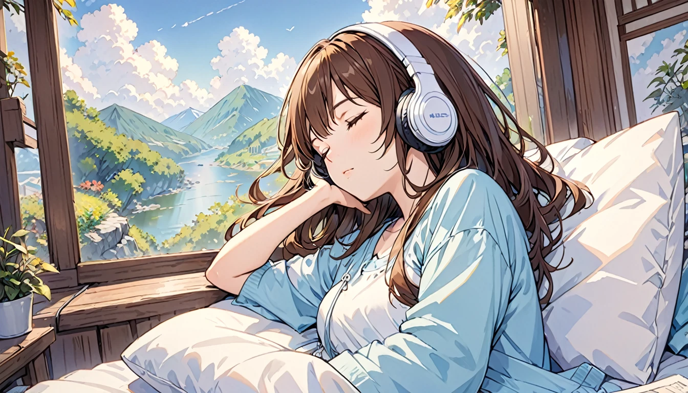  Girl wearing headphones,Brown Hair,1 person,Detailed Background,Relaxed and sleeping