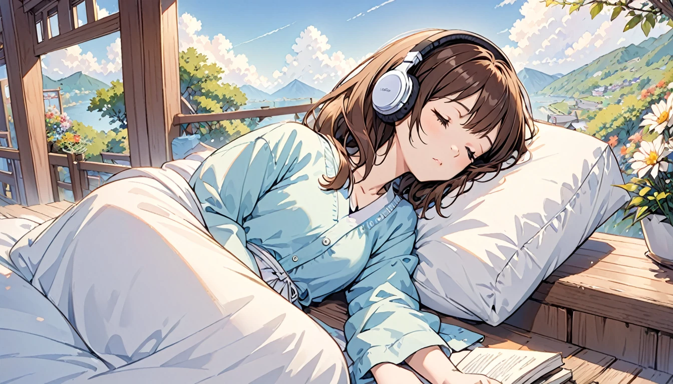 Girl wearing headphones,Brown Hair,1 person,Detailed Background,Relaxed and sleeping