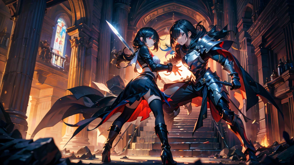 masterpiece, best quality, high quality, detailed, ultra detailed, hyper detailed, insanely detailed, exquisite, beautiful, FHD, Full-HD, 4K, 8K, 16K, highres, absurdres, ((1girl)), medium shot,mystic knight, serious look, sword fighting, covering one eye, black hair, red eyes, armor, long boots, with a sword, fantasy,hailoknight, holding sword, holding weapon