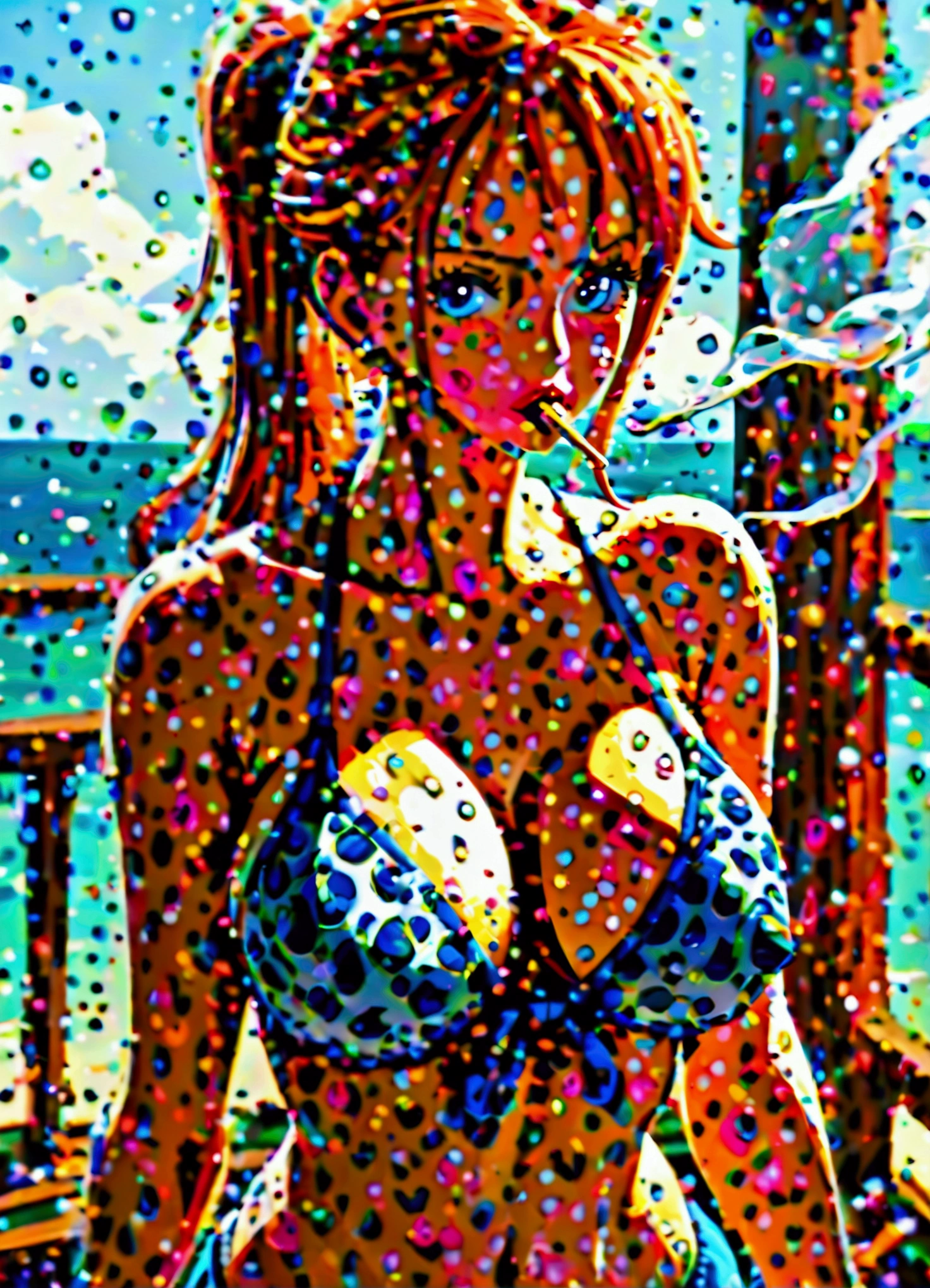 a cartoon picture of a woman in a bikini top and jeans, nami one piece, nami from one piece, nami, beautiful portrait of nami, from one piece, oppai, blue eyes, smoking, ponytail, nsfw