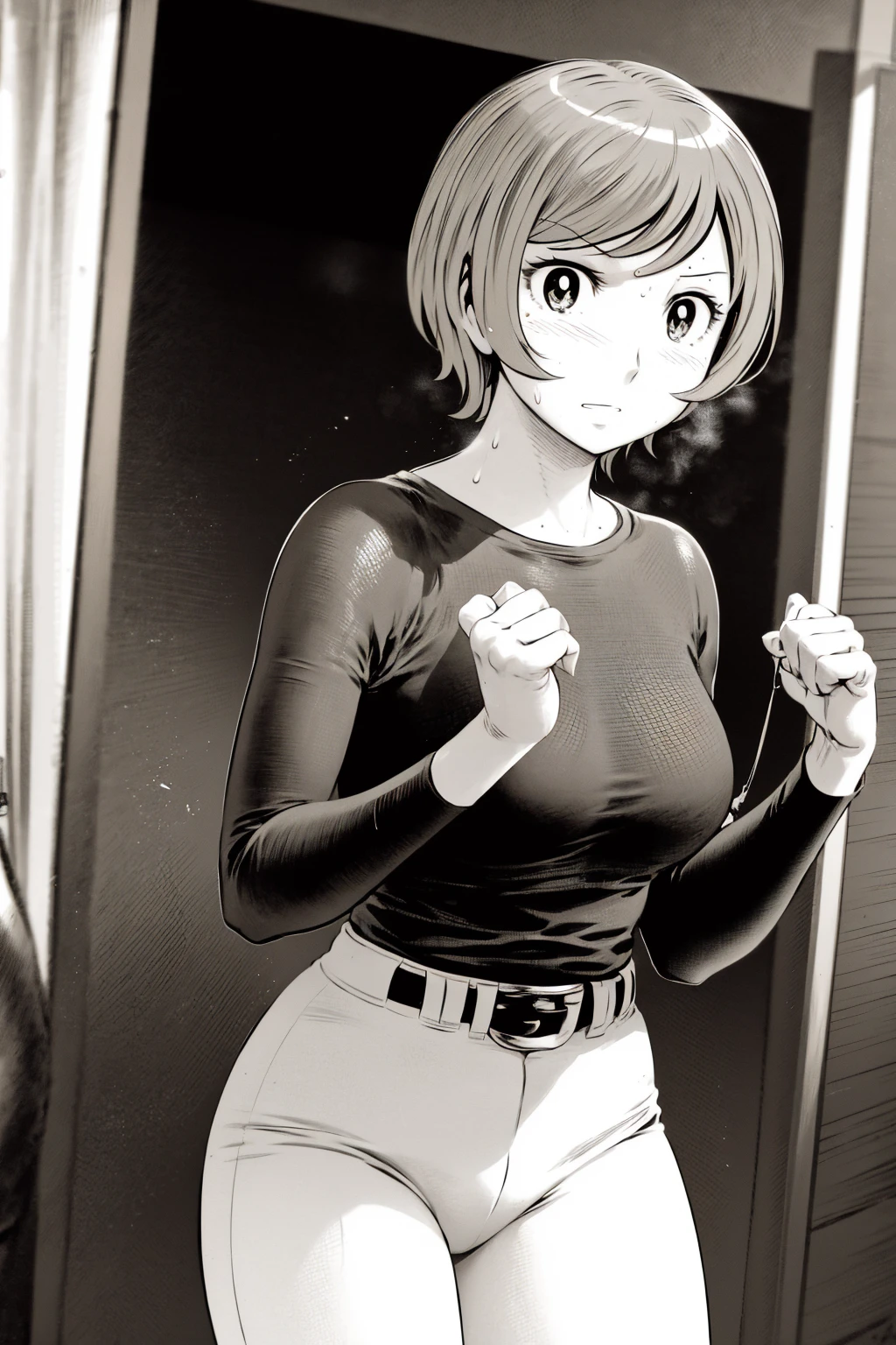 、(masterpiece、Highest quality)、Highest quality, Ultra-high resolution, (((masterpiece))), alone, Sweat、Big eyes,Tight black shirt、Tight white pants、belt、indoor、Composition from the front、(後ろCut your hair short、short hair、blonde、woman)、Shortcuts、Embarrassed face、Cut your hair short、可愛いwomanの子、Big Breasts、office、Baseball Cap