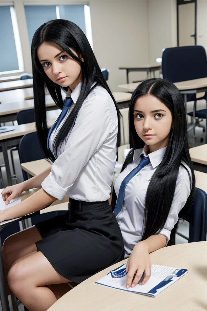 My hero academia template girl with long straight black hair with white locks almost white light blue eyes with a serious expression she is wearing the UA uniform and in the background she has a UA school class and is sitting at a table