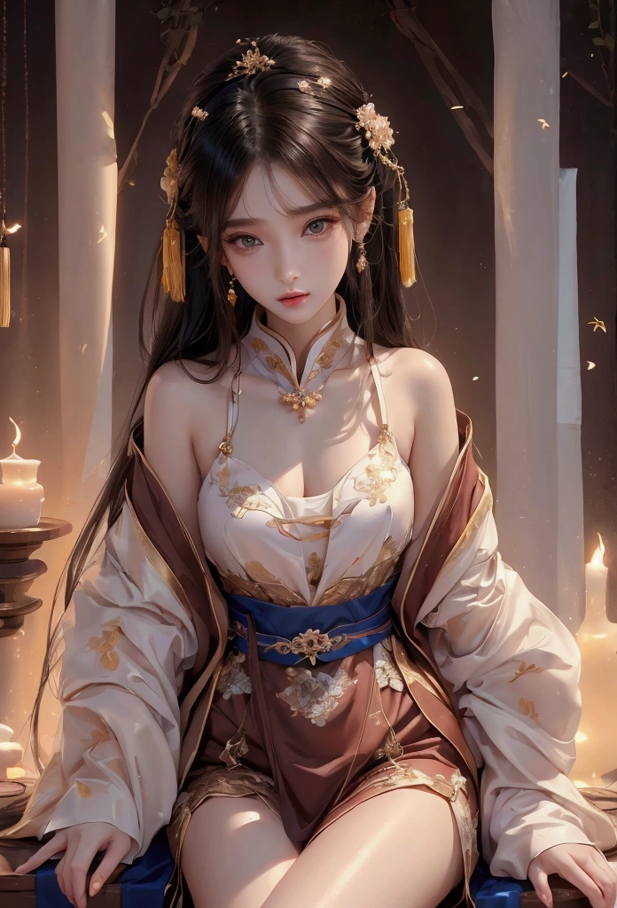 Best image quality、8K、masterpiece:1.3))、Realistic high-quality photos、Highest quality、 Beautiful face、Photos of slim models、Beautiful girl model、Young and pretty face、Beautiful model girl、A lovely and delicate face、Black Hair、Beautiful brown eyes、Young Body、Hanfu, (emphasize)、from the front、Camera gaze,、Anatomically correct、胸の谷間をemphasize、whole body、13-year-old female model、Exposed thighs