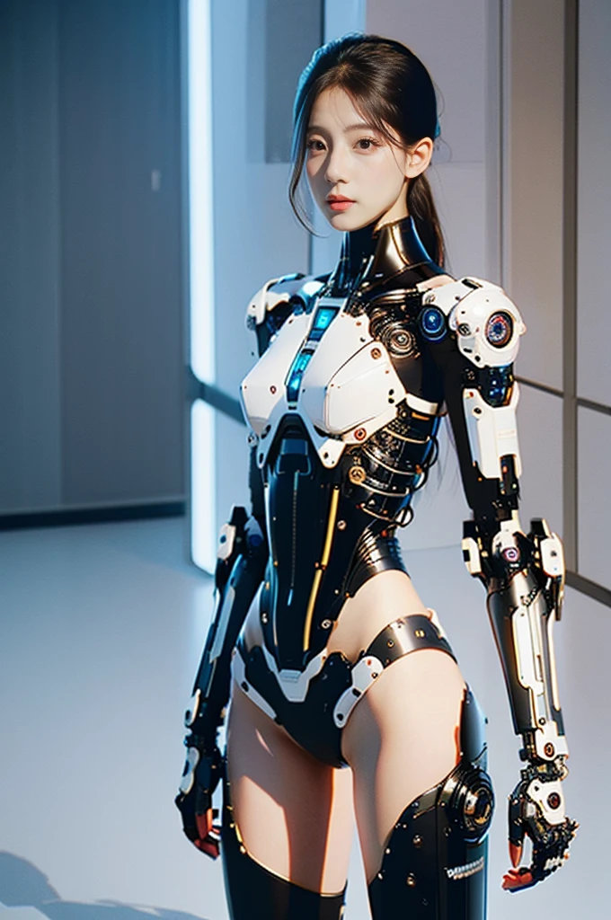 {{best quality, 1080P, Masterpiece, Ultra high resolution, photorealistic, ultra realism, Realistic skin texture, Extreme skin detail, dslr, Detailed eyes, Facing the camera, very beautiful face, Concise facial structure, Pale skin, Realistic skin texture, Extreme skin detail, oc render reflection textures, Realistic light and shadow, Single picture, alone, The body is slim and balanced., Age 20, Height 170, naked girl, Nude, no underwear, A girl with the body of a mechanical robot., Transparent futuristic black glass mech armor suit, The mechanical cervix is attached to the neck., The robot circuit is stuck in the middle of the back., flat stomach, Woman with perfect robot arms and legs, full body view, Whole body photo.}}