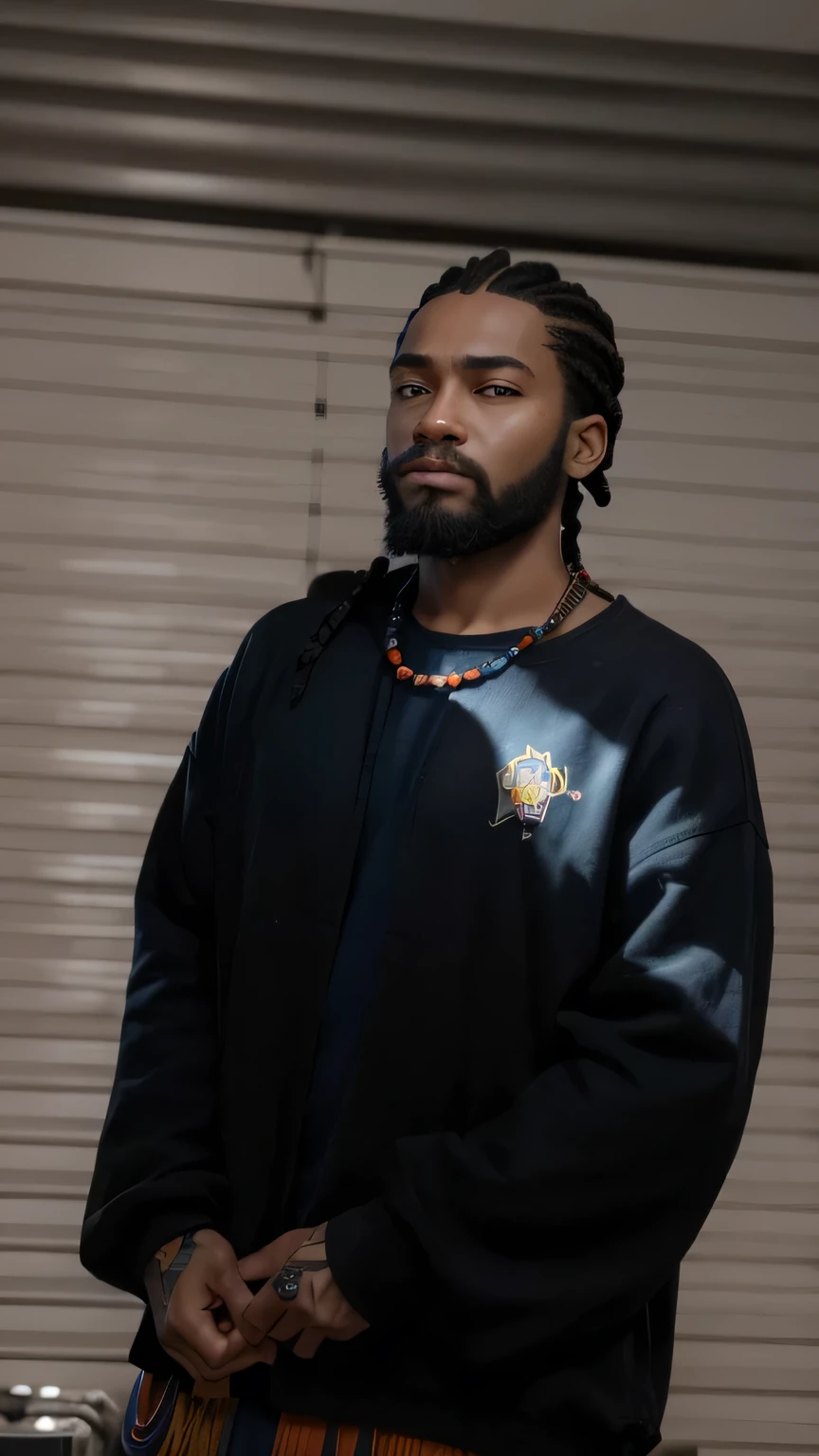 Create an ultra realistic high resolution image of a man with root braids with orange and blue beads at the end of the braids young 25 year old man with Bolivian features with black beard GTA6 style