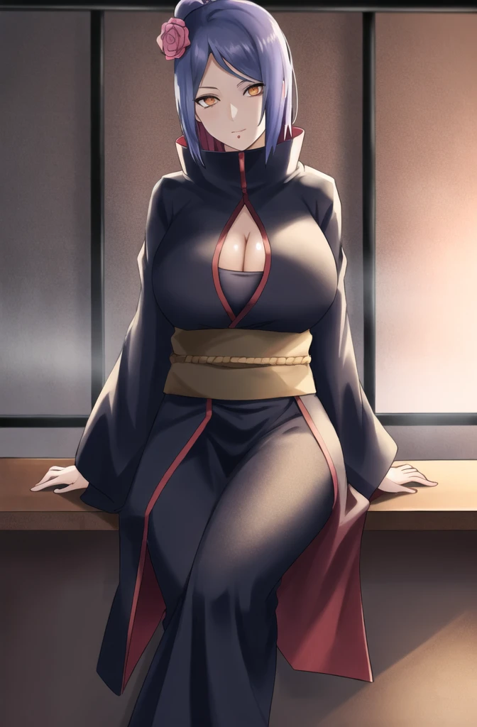 konan \(naruto\), solo, looking_at_viewer, 1girl, closed_mouth, akatsuki outfit, labret piercing, looking at the viewer, cleavage, (((sitting on the table inside dark room))), night time, busty, large breasts, akatsuki robe with red clouds