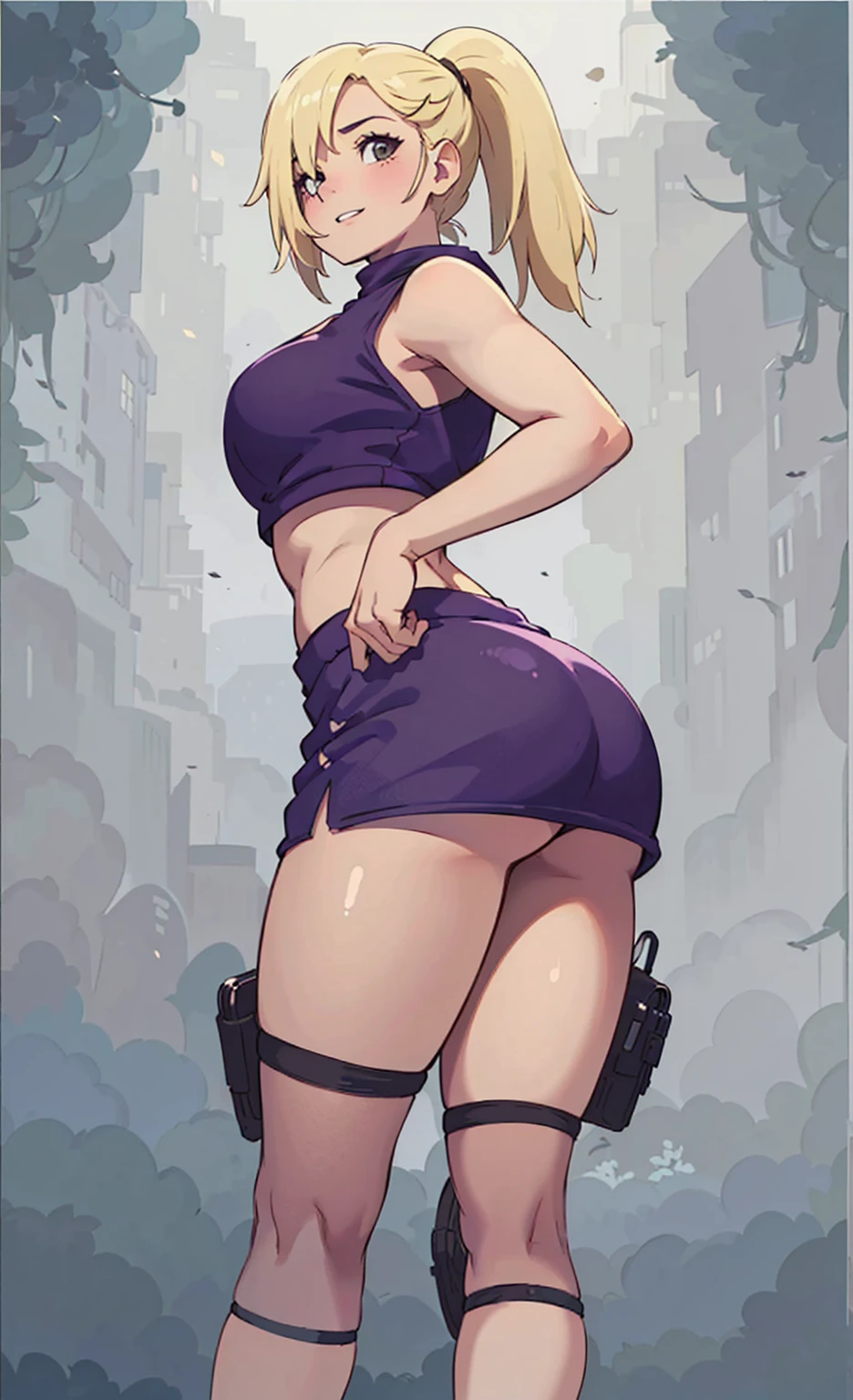 (best quality:0.8) perfect anime illustration, a pretty, happy woman with short straight brown hair on the street in the city, wearing tank top, mini skirt