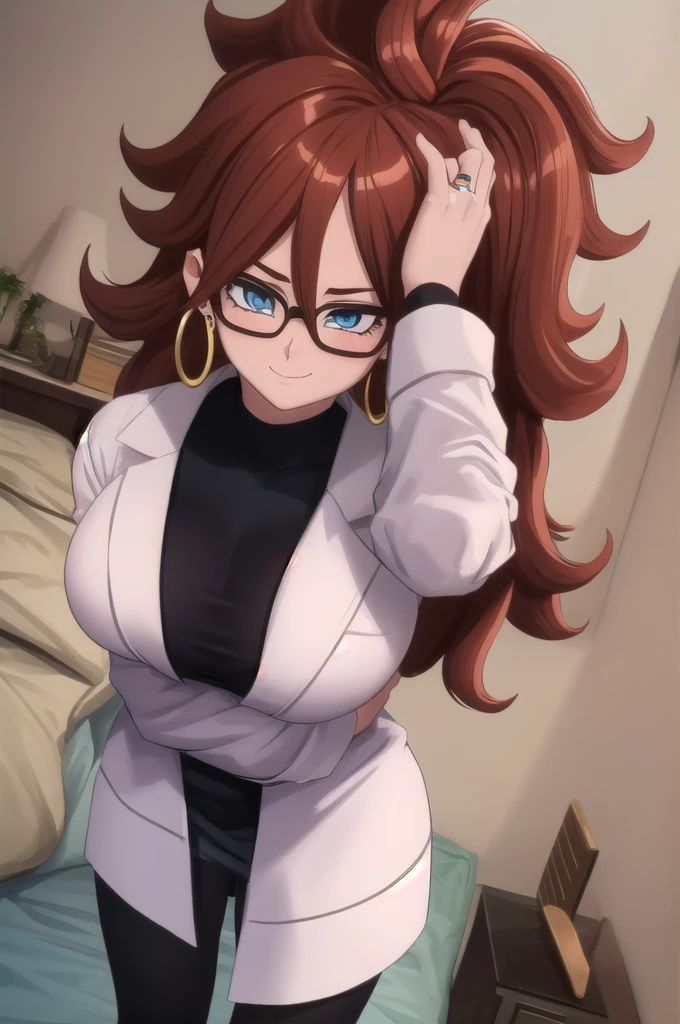 android21, 1girl, solo, blue eyes, brown hair, long hair, curly hair, hair between eyes, jewelry, hoop earrings, glasses,
Nude chest, black pantyhose, labcoat, long sleeves,
smile,closed mouth, bedroom, blushing, Big breasts, bent over, thick legs, standing, arms up, nipples 
(insanely detailed, beautiful detailed face, masterpiece, best quality) cinematic lighting,