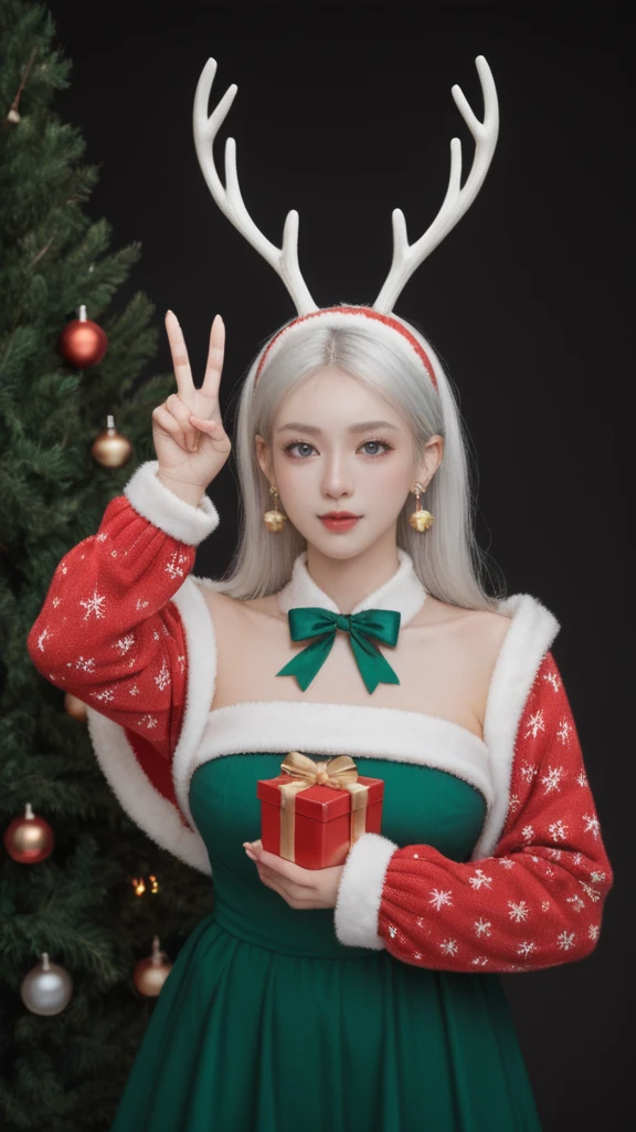 realistic,score_9, score_8_up, score_7_up,
Hyperrealism,illumination, 1girl, stand, upper body, pantyhose, simple background, big breasts, from front,wood Elk antlers,Christmas costume, Christmas earrings,Christmas tree,holding Christmas gift,white hairs