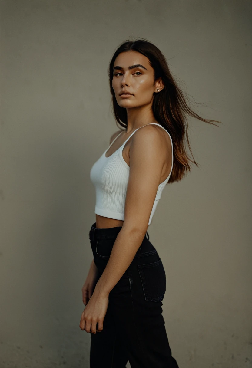 color digital photograph of Bruna Costa a beautiful evil slavic woman dressed in closed clothes, pale skin, long wavy dark golden hair, (minimalist woman), (a black turtleneck), (straight-leg jeans), (white sneakers), (black tote bag), (gold hoop earrings), (natural makeup), (sleek hairstyle). and Espadrilles shot on Hasselblad 500C Camera by Giles Duley, 26 years old, (Muscular, Toned, Powerful), promoting body positivity, small breasts, feeling Grateful, sunrise,full body, masterpiece, natural lighting, (outdoor setting:1.2), warm tones, side lighting, natural skin details, 4k, UHD, masterpiece, detailed eyes, detailed face, detailed skin, perfect hands, perfect feets, photo, high skin detail, moles, imperfect skin, ultra realism, RAW photo, subsurface scattering